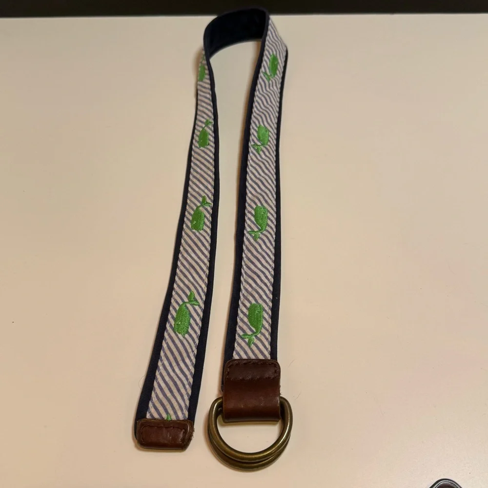 Crewcuts Seersucker and Green Embroidered Whale Striped Belt Kids 33 inches